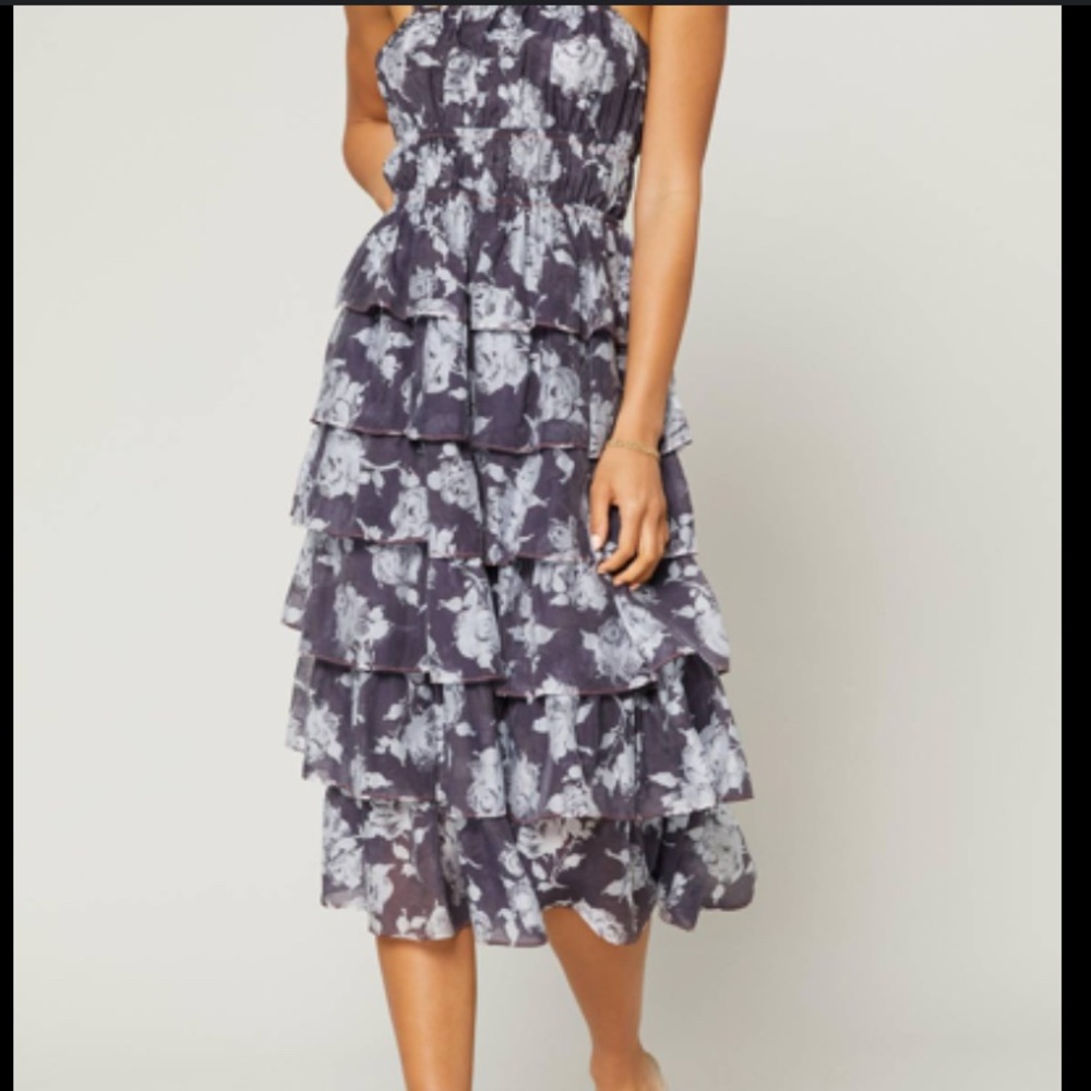 Floral tiered ruffle blue and white dress by Current Air Los Angeles